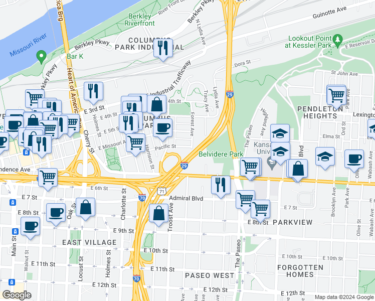 map of restaurants, bars, coffee shops, grocery stores, and more near 578 Tracy Avenue in Kansas City