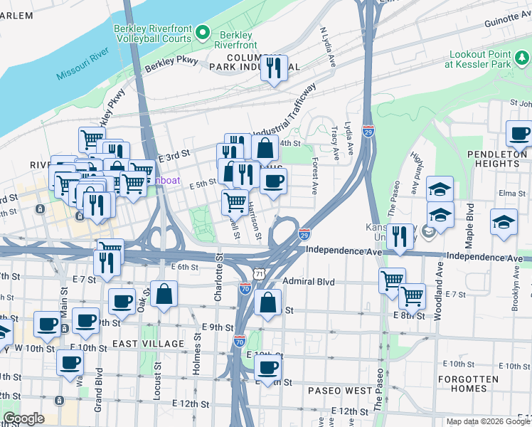map of restaurants, bars, coffee shops, grocery stores, and more near 571 Harrison Street in Kansas City