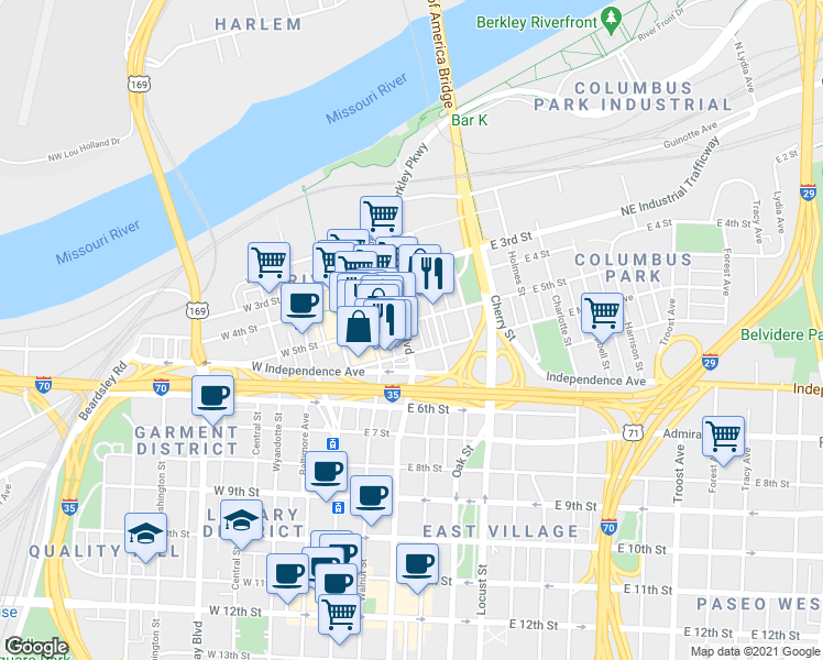 map of restaurants, bars, coffee shops, grocery stores, and more near 310 East Missouri Avenue in Kansas City