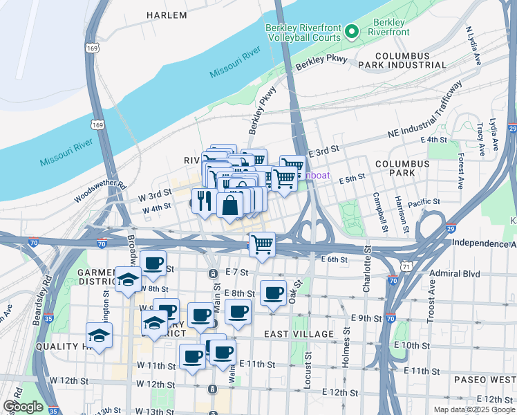 map of restaurants, bars, coffee shops, grocery stores, and more near 511 Walnut Street in Kansas City