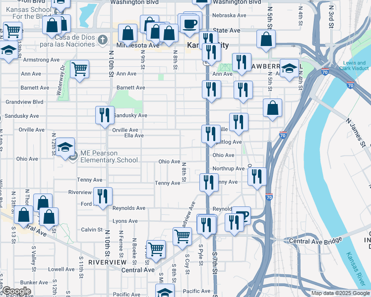 map of restaurants, bars, coffee shops, grocery stores, and more near 746 Ohio Avenue in Kansas City