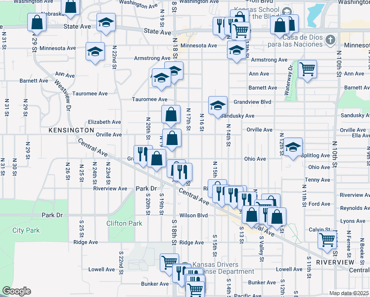 map of restaurants, bars, coffee shops, grocery stores, and more near 300 North 17th Street in Kansas City
