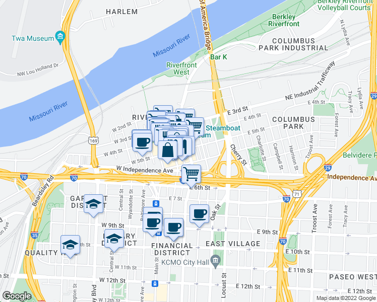 map of restaurants, bars, coffee shops, grocery stores, and more near 511 Walnut Street in Kansas City