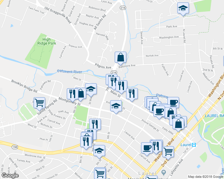 map of restaurants, bars, coffee shops, grocery stores, and more near 677 Main Street in Laurel