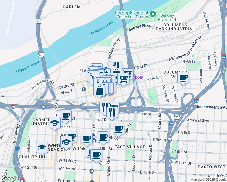 map of restaurants, bars, coffee shops, grocery stores, and more near 501 Grand Boulevard in Kansas City
