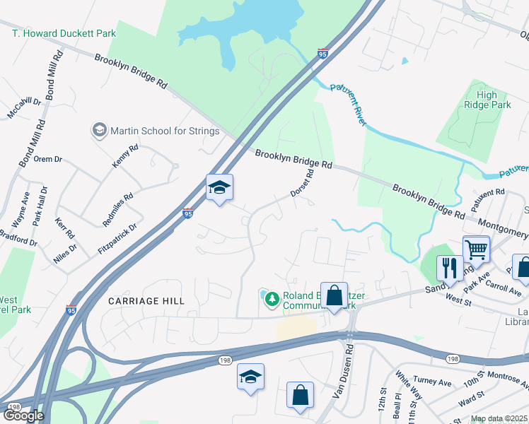 map of restaurants, bars, coffee shops, grocery stores, and more near 7616 Woodbine Drive in Laurel
