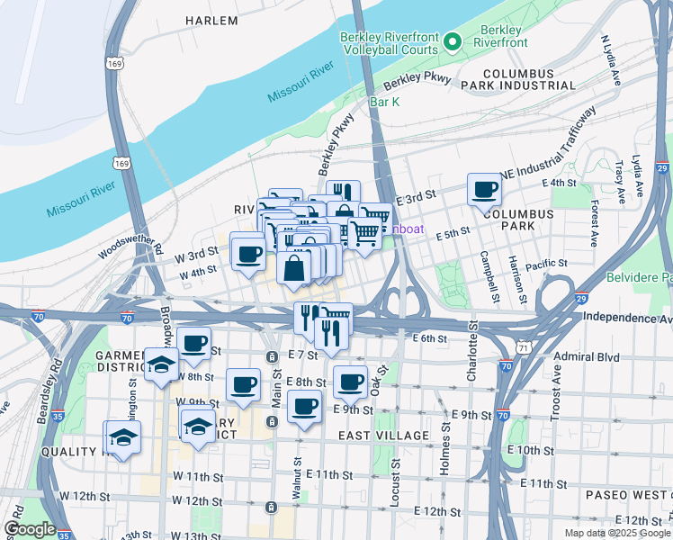 map of restaurants, bars, coffee shops, grocery stores, and more near 501 Grand Boulevard in Kansas City