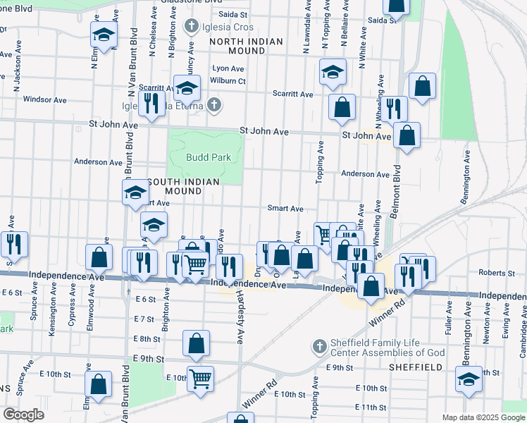 map of restaurants, bars, coffee shops, grocery stores, and more near 5501 Smart Avenue in Kansas City