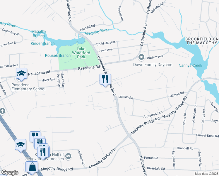 map of restaurants, bars, coffee shops, grocery stores, and more near 8359 Baltimore Annapolis Boulevard in Pasadena