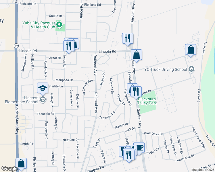 map of restaurants, bars, coffee shops, grocery stores, and more near 1341 Scotten Court in Yuba City