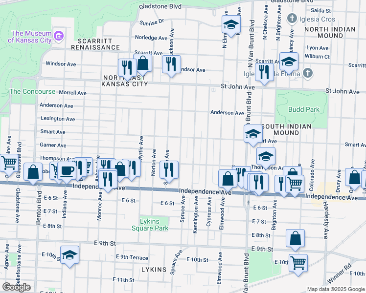 map of restaurants, bars, coffee shops, grocery stores, and more near 415 Spruce Avenue in Kansas City