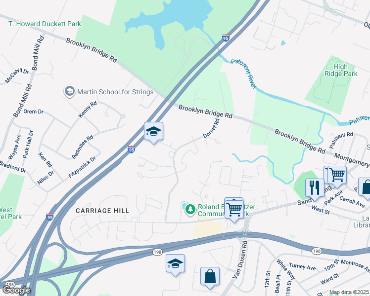 map of restaurants, bars, coffee shops, grocery stores, and more near 7616 Woodbine Drive in Laurel