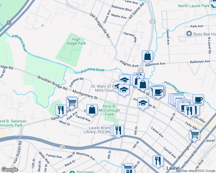 map of restaurants, bars, coffee shops, grocery stores, and more near 111 9th Street in Laurel