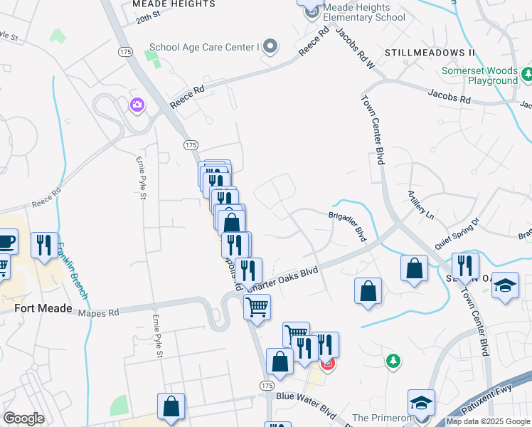 map of restaurants, bars, coffee shops, grocery stores, and more near 2264 Commissary Circle in Odenton