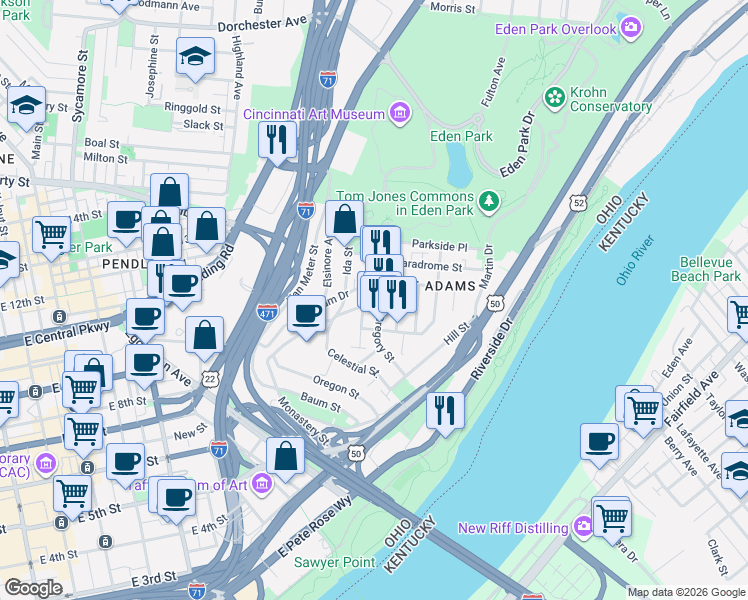 map of restaurants, bars, coffee shops, grocery stores, and more near 1101 Saint Gregory Street in Cincinnati