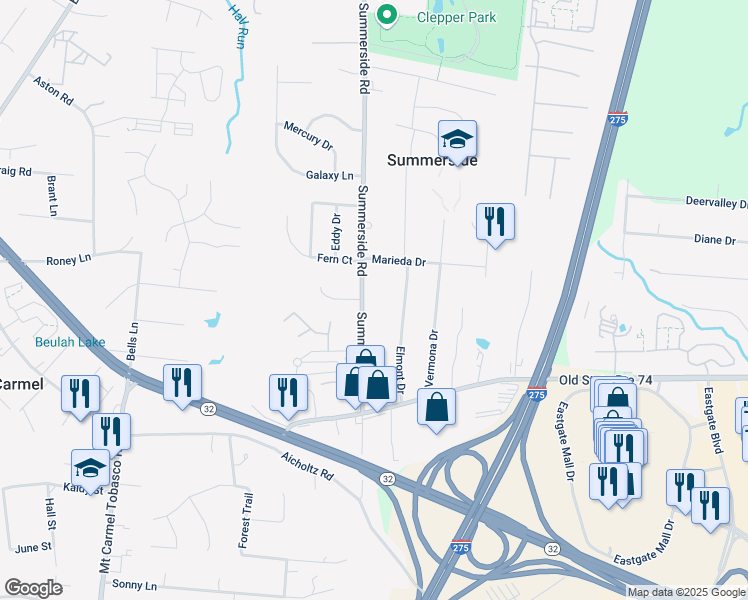 map of restaurants, bars, coffee shops, grocery stores, and more near 4582 Summerside Road in Cincinnati