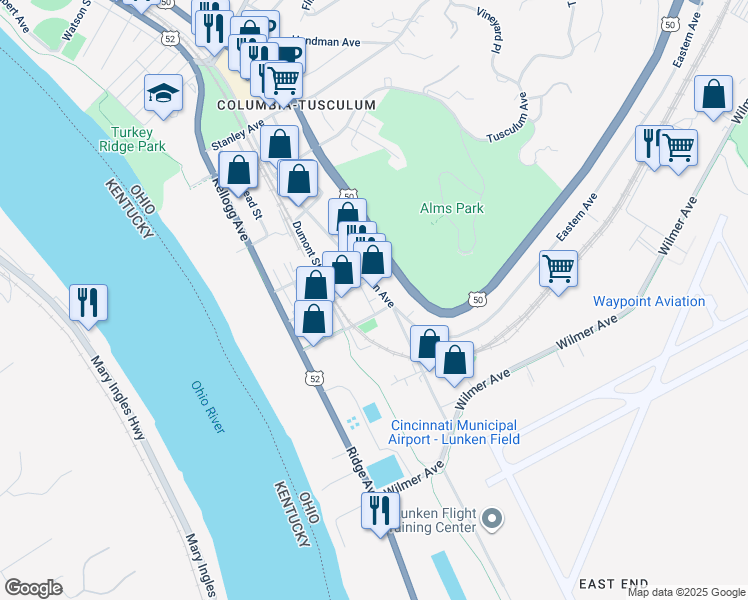map of restaurants, bars, coffee shops, grocery stores, and more near 247 Carrel Street in Cincinnati