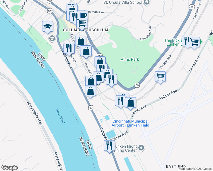 map of restaurants, bars, coffee shops, grocery stores, and more near 247 Carrel Street in Cincinnati