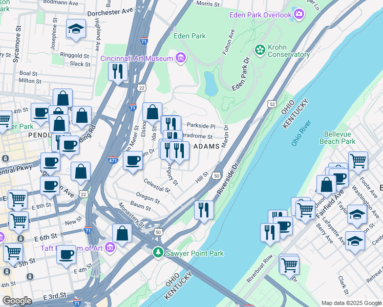 map of restaurants, bars, coffee shops, grocery stores, and more near 1110 Belvedere Street in Cincinnati