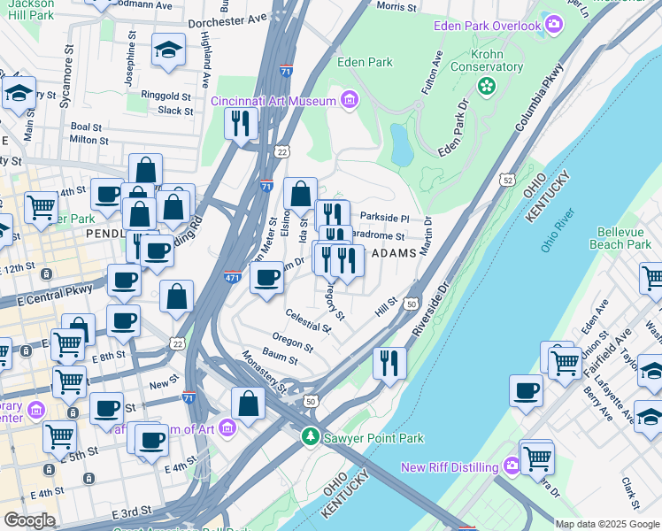 map of restaurants, bars, coffee shops, grocery stores, and more near 1101 Saint Gregory Street in Cincinnati