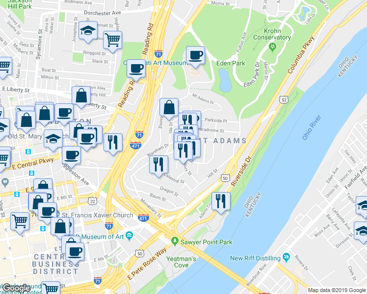 map of restaurants, bars, coffee shops, grocery stores, and more near 1101 Saint Gregory Street in Cincinnati