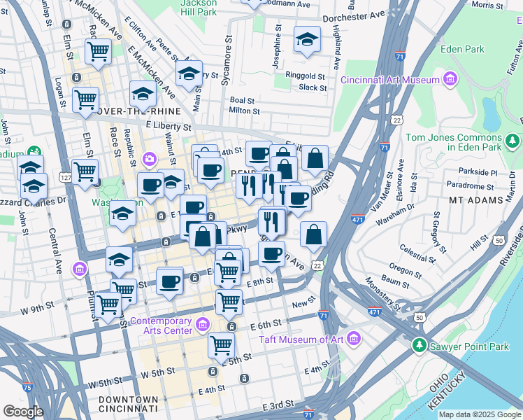 map of restaurants, bars, coffee shops, grocery stores, and more near 315 Reading Road in Cincinnati