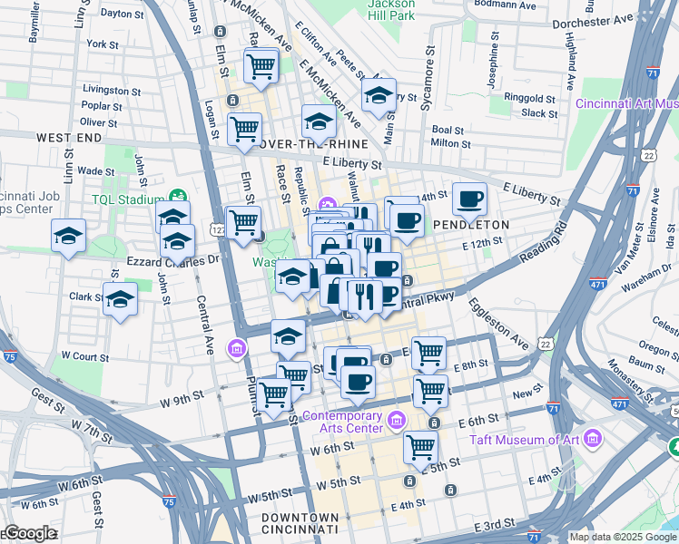 map of restaurants, bars, coffee shops, grocery stores, and more near in Cincinnati