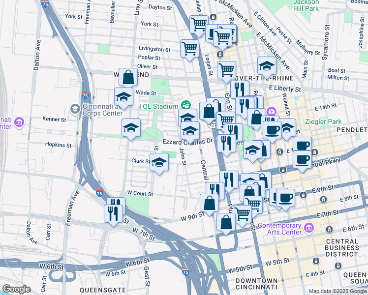 map of restaurants, bars, coffee shops, grocery stores, and more near 1213 John Street in Cincinnati