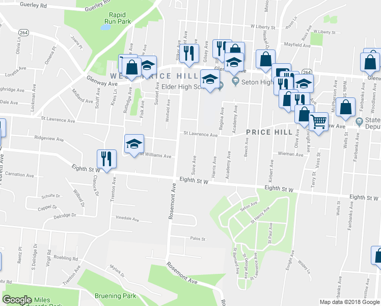 map of restaurants, bars, coffee shops, grocery stores, and more near 832 Suire Avenue in Cincinnati