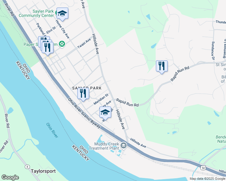 map of restaurants, bars, coffee shops, grocery stores, and more near 180 Meridian Street in Cincinnati