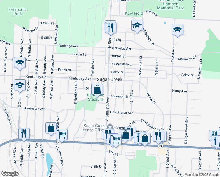 map of restaurants, bars, coffee shops, grocery stores, and more near 131 South Sterling Avenue in Sugar Creek