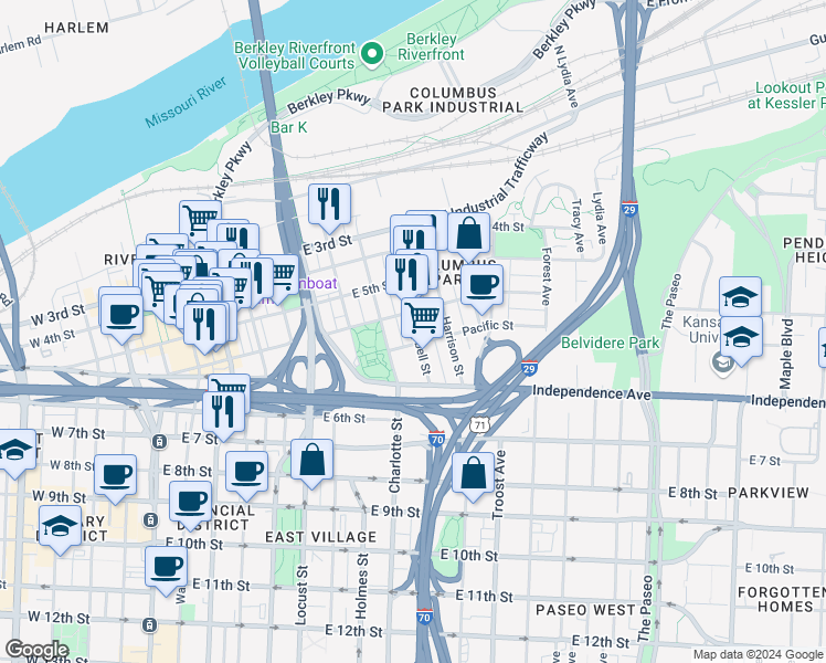 map of restaurants, bars, coffee shops, grocery stores, and more near 801 Pacific Street in Kansas City