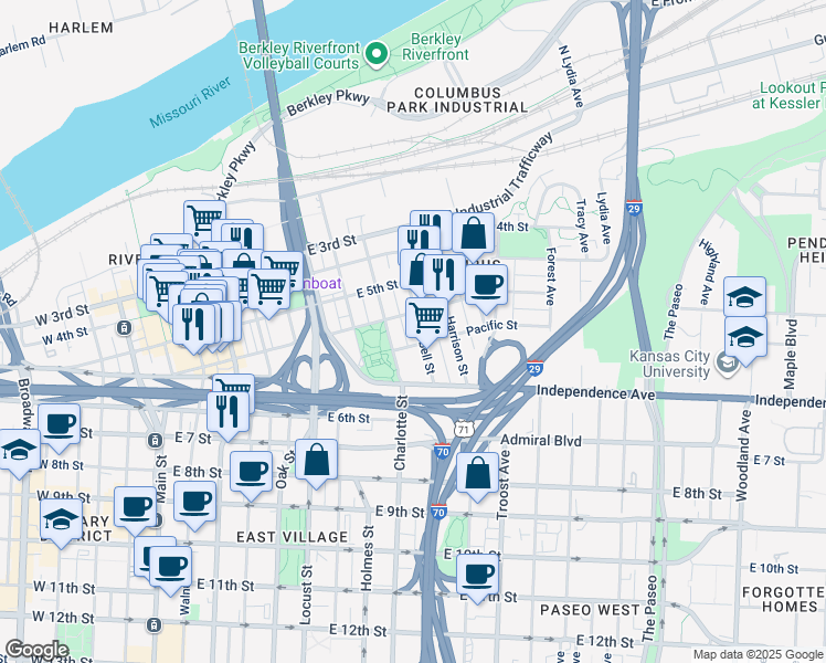 map of restaurants, bars, coffee shops, grocery stores, and more near 801 Pacific Street in Kansas City