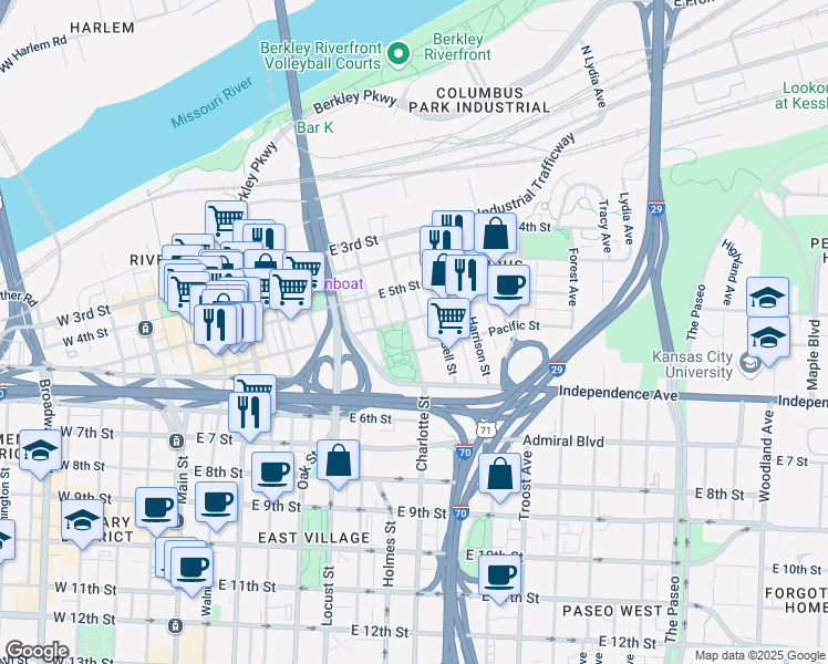 map of restaurants, bars, coffee shops, grocery stores, and more near 801 Pacific Street in Kansas City