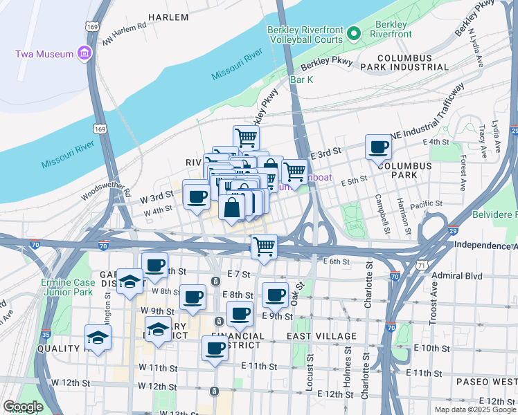 map of restaurants, bars, coffee shops, grocery stores, and more near 511 Walnut Street in Kansas City