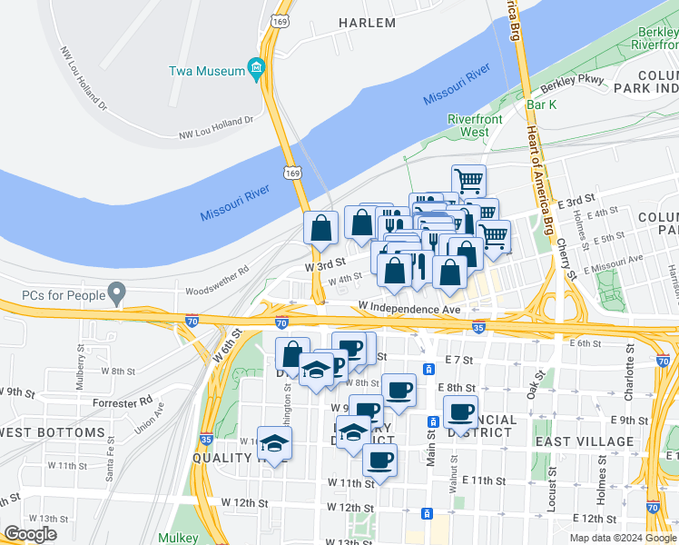 map of restaurants, bars, coffee shops, grocery stores, and more near 227 West 4th Street in Kansas City