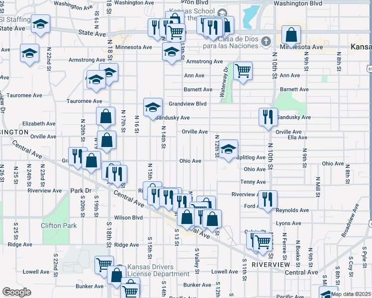 map of restaurants, bars, coffee shops, grocery stores, and more near 300 North Thorpe Street in Kansas City