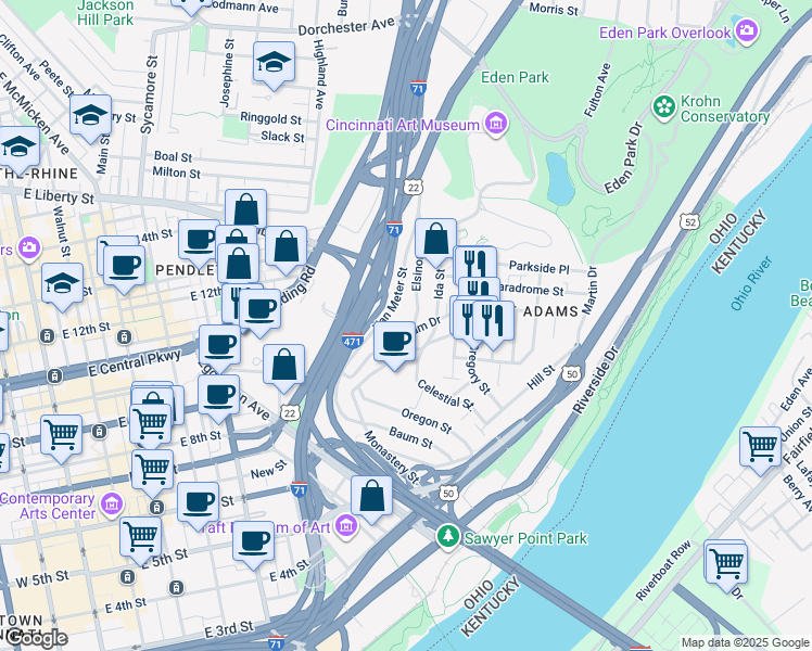 map of restaurants, bars, coffee shops, grocery stores, and more near 999 Wareham Drive in Cincinnati