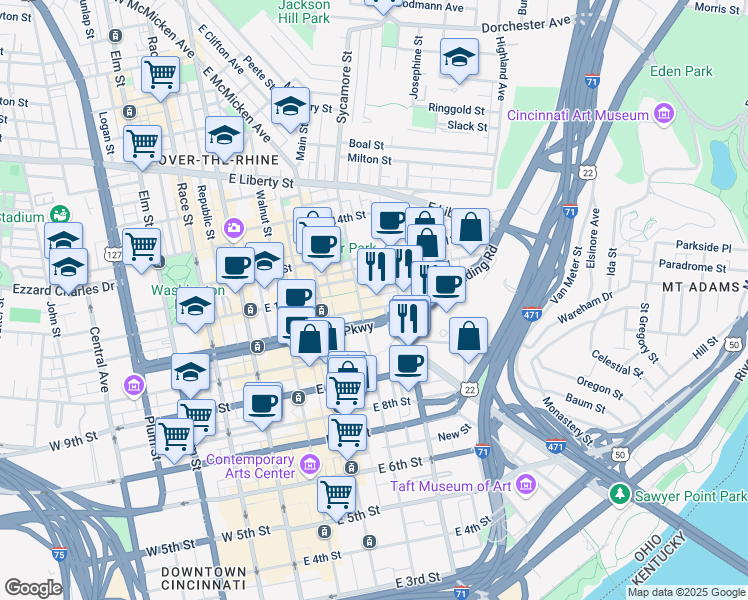 map of restaurants, bars, coffee shops, grocery stores, and more near 315 Reading Road in Cincinnati