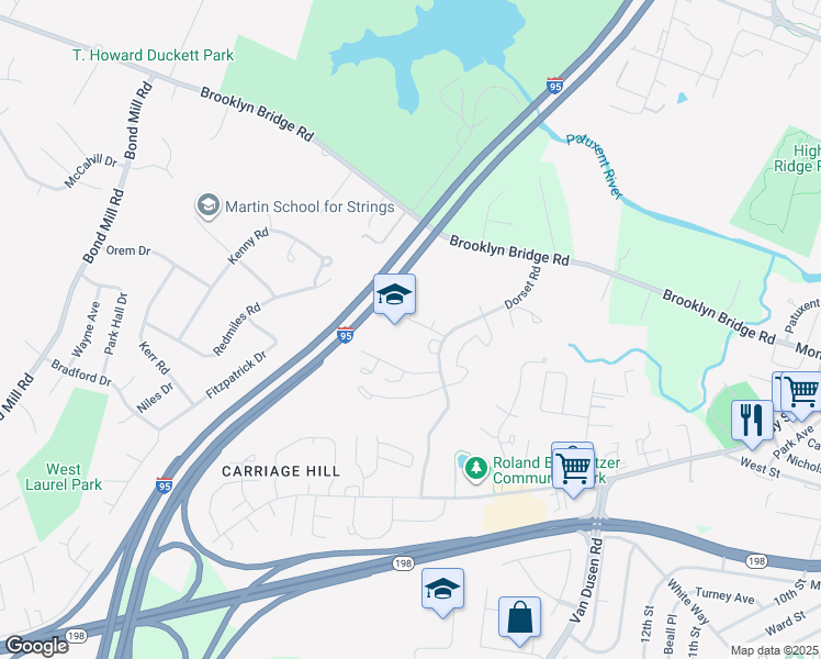 map of restaurants, bars, coffee shops, grocery stores, and more near 15950 Dorset Road in Laurel