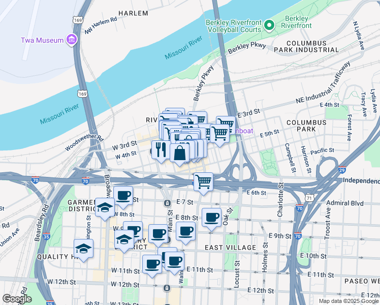 map of restaurants, bars, coffee shops, grocery stores, and more near 104 East 5th Street in Kansas City