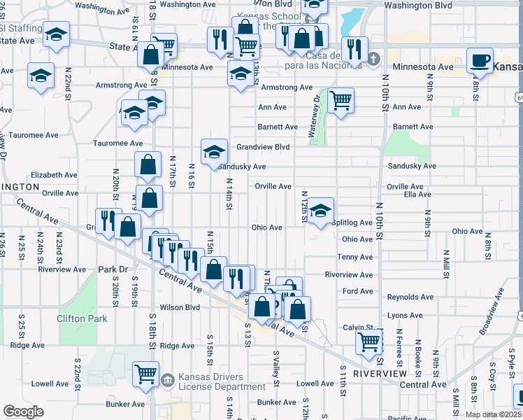 map of restaurants, bars, coffee shops, grocery stores, and more near 300 North Thorpe Street in Kansas City