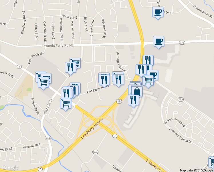 map of restaurants, bars, coffee shops, grocery stores, and more near 36 Fort Evans Road Northeast in Leesburg