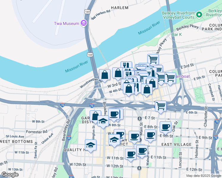 map of restaurants, bars, coffee shops, grocery stores, and more near 227 West 4th Street in Kansas City
