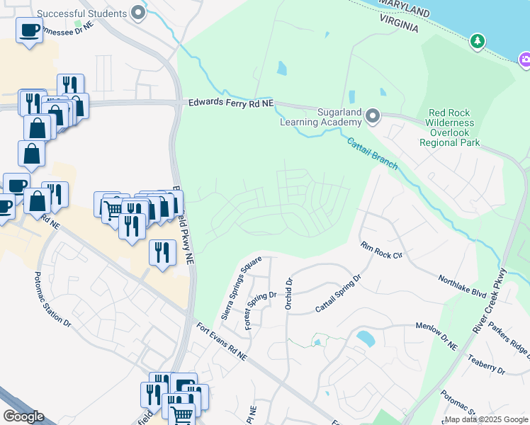 map of restaurants, bars, coffee shops, grocery stores, and more near 43000 Fridays Run Lane in Leesburg