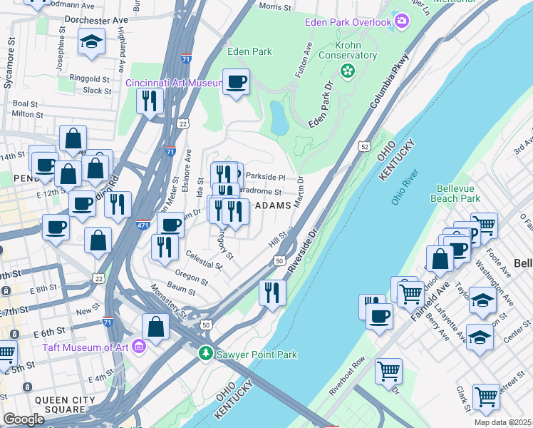 map of restaurants, bars, coffee shops, grocery stores, and more near 1134 Carney Street in Cincinnati