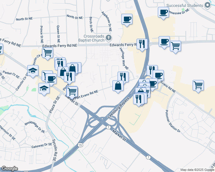 map of restaurants, bars, coffee shops, grocery stores, and more near 118 Fort Evans Road Northeast in Leesburg