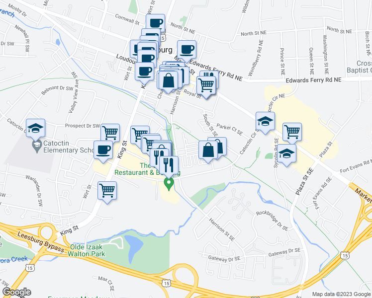 map of restaurants, bars, coffee shops, grocery stores, and more near Crescent Terrace Station Southeast in Leesburg