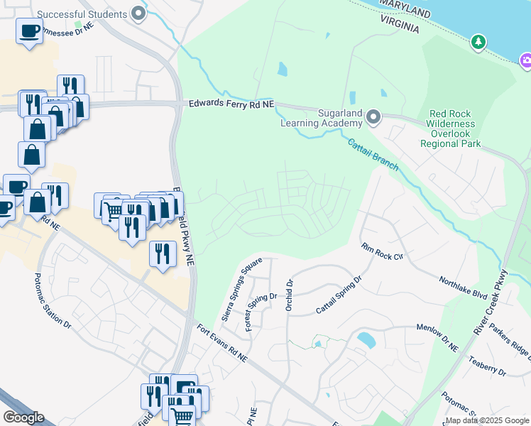 map of restaurants, bars, coffee shops, grocery stores, and more near 43000 Fridays Run Lane in Leesburg