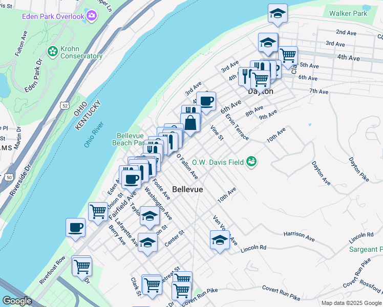 map of restaurants, bars, coffee shops, grocery stores, and more near 132 6th Avenue in Dayton